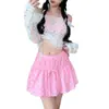 Traje de Banho Duas Peças com Saia Bufante de Bolinhas Doce para Mulheres, Saída de Praia de Manga Longa, Conjunto de Biquíni de Quatro Peças, Roupa de Banho Conservadora que Cobre o Corpo