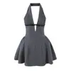 8176-26 Primavera Estilo Francés Sexy Gama Alta Estilo Dama Madura Terciopelo Lunares Ajustado Ceñidor de Cintura Vestido Halter Vestido de Vacaciones