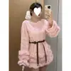 Moda Otoño e Invierno Estilo Coreano Estilo Suave Vestido de Felpa para Mujer Aspecto Adelgazante Parte Superior Moderna + Cinturón