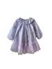 Vestido para Meninas 2026 Primavera Novo Estilo Saia de Malha Floral Roxa Gola Boneca Mangas Bufantes Vestido Princesa para Bebês e Crianças
