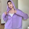 Morishima Primavera e Verão Novo Casaco Botão de Algodão Slub Cor Sólida Feminino Cardigan Protetor Solar Leve Manga Longa com Capuz Camisa de Ar Condicionado