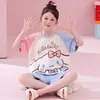 Pijama para niños de 12 años de verano delgado de algodón peinado de manga corta para niña, ropa de casa para bebé, traje de dos piezas