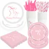 Conjunto de Louças de Mesa para Festa de Aniversário com Laços Rosa e Branco, Pratos de Papel Descartáveis, Copos de Papel, Facas, Garfos e Colheres, Suprimentos de Decoração Temáticos