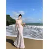 Vestido de alça halter floral rosa novo conjunto feminino de verão duas peças vestido longo de férias