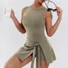 Vestido de Tenis Deportivo de Nailon Europeo y Americano Dos en Uno al por Mayor con Forro Antiexposición y Falda de Corte A Conjunto de Tenis