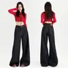 Jeans Veludo Azul Escuro Retro Wide Leg para Mulheres Outono e Inverno 2025 Cintura Alta Solto Estilo Preguiçoso Calças Drapadas Comprimento Total
