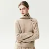 Suéter de cachemira de color liso con cuello alto estilo perezoso para mujer, con un cuello abierto abotonado en diagonal, diseño de punto de ochos y versátil como capa base