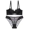 Conjunto de sutiã e calcinha de renda de algodão fino, com design vazado sexy, estilo francês popular europeu e americano, minimiza seios grandes e previne a flacidez