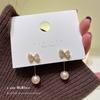 Coreia do Sul Dongdaemun Micro-incrustado Zircon Bow Long Pearl Rear Hanging Design Destacável S925 Brincos de Prata