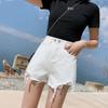 Shorts de mezclilla para mujer verano popular en internet doble hebilla cintura alta pantalones en forma de A nuevo Ins moda adelgazantes sueltos rasgados pantalones super hot pants