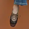 Zapatos de cuero retro marrones de punta redonda, zapatos planos de primavera de corte bajo con cordones para mujer, mocasines versátiles