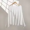 Nova Camisa Base de Tencel Estilo Verão para Mulheres, Blusa de Tricô de Manga Longa com Gola Redonda, Design Cruzado Vazado e Cobertura com Proteção Solar