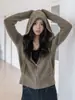 3754 # Cardigan de tricô com capuz e zíper na cor marrom para mulheres, soltinho e modelador, peça de outer wear casual para primavera e outono