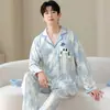 Cárdigan largo de manga larga y pantalón largo para hombre al por mayor, pijama de algodón puro, ropa de casa casual de dibujos animados para otoño, conjunto de dos piezas