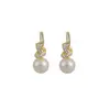 Brincos de pérola com nó cravejado de diamantes estilo francês para mulheres, estilo socialite elegante, clipes de orelha espirais, brincos de design único e estiloso