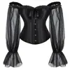 Corset retrô escuro com mangas bufantes de tule ombro a ombro, top sexy para afinar a cintura, em estoque