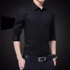 Camisa Masculina Primavera e Outono Manga Curta Casual de Negócios Estilo Coreano Slim Preto Roupa de Trabalho Manga Longa Padrinho Camisa Vermelha Tendência Profissional
