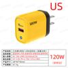 Cargador de teléfono móvil con puerto USB único transfronterizo, cargador de 120W, Europa, América y Gran Bretaña, acuerdo completo, cabezal de carga rápida, color amarillo ámbar