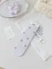 Meias de Cano Médio com Vibe Minimalista, Estilo Japonês, Primavera/Verão, Meias de Cano Médio Roxo com Urso e Flores, Estilo College, Alto Teor de Algodão
