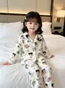 Conjunto de ropa de aire acondicionado para niñas, con diseño de cuello, adecuado para primavera y otoño, con un cárdigan fino de manga larga, pijama de algodón estilo coreano con estampado de nubes para niñas
