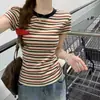 Camiseta Americana Retro de Manga Curta Listrada de Verão para Mulheres, Top Cropped Slim-Fit, Atacado Transfronteiriço
