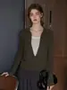 Suéter de malha com lapela em blocos de cor verde café, estilo coreano minimalista de duas peças "V Hidden Light" para mulheres, top versátil