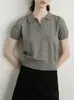 Polo Retro Francés Cuello Gris Manga Corta Tejido de Punto Verano Ropa de Trabajo Camisa Polo Versátil Camiseta Top