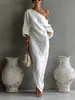 Vestido Feminino Elegante de Ombro Único com Caimento em Mistura de Algodão e Linho Branco Marfim, Novo para Primavera e Outono, Transfronteiriço Europeu e Americano 2026