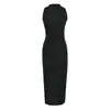 2633-26 Coleção Outono Vestido Longo Papoula Gola Alta Franzido Lateral Sem Costas Sem Mangas Slim Fit Que Marca o Quadril
