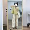 Traje de Rua para Mulheres 2025 de Celebridade da Internet, Camisa de Verão Nova com Gola Quadrada e Mangas Bufantes com um Conjunto Completo de Calças Retas de Cintura Alta