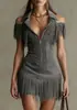 2026 Nuevo Vestido Transfronterizo Y2K Retro Americano de Gamuza con Borlas Hombros Descubiertos Estilo Occidental Vestido Corto Ceñido a la Cintura para Chica Popular