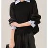 Suéter de punto de manga larga con cuello de camisa empalmado y efecto de dos piezas, corte holgado, estilo vintage y artístico