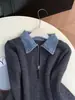 Cardigã de malha com gola, manga longa, patchwork de jeans, zíper duplo para mulheres, novo estilo outono e inverno, suéter casual versátil de duas peças falsas