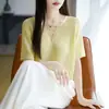Cuello de pollo tejido de lino Tencel de manga corta seda natural y lino transpirable no se pega al cuerpo ligero y elegante estilo artístico de verano