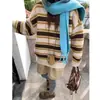 Suéter de Punto Holgado con Silueta Perezosa Estilo Japonés, Bloques de Color y Rayas, Otoño 2025 para Mujer