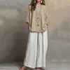 Otoño 2026 Nuevo Conjunto de Dos Piezas de Algodón y Lino Holgado Estilo Europeo y Americano Color Sólido Casual Traje de Pantalones de Pierna Ancha para Mujer