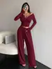 Otoño e Invierno Nuevo Moda Transfronteriza Europea y Americana Sexy para Mujer Cuello en V Profundo Manga Larga Bolsillo Recto Pantalones Largos Conjunto de Pijama