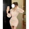 Vestido longo de manga comprida com decote em V estilo chá suave outono chique lindo rosa cintura apertada saia de quadril