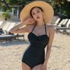 Traje de baño transfronterizo negro ajustado delgado europeo y americano sexy sin espalda sin mangas triángulo vacaciones aguas termales fruncido con cordones