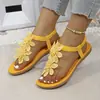 Sapatos Femininos Plus Size 2026 Verão Novo Sandálias Rasteirinhas Bohemian com Contas de Coruja Chinelos Sandálias de Praia para Mulheres
