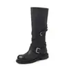 Botas de montar de piel de vaca de dos capas para mujer con hebilla de cinturón, botines de tacón medio, botas altas redondas desgastadas para otoño e invierno, botas altas hasta la rodilla para mujer