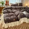 Juego de cuatro piezas de encaje engrosado clase A, terciopelo de leche, estilo coreano, estilo princesa, fresco y simple, estilo colcha acolchada, funda de edredón, juego de cuatro piezas
