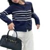 Tricô de Manga Longa com Listras Azul Marinho para Mulheres 2025 Outono e Inverno Novo Cardigan Top de Tricô Casual Soltinho e Ajustado