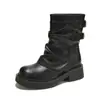 1258-5 Otoño/Invierno Nuevas Botas de Tobillo de Cuero Retro con Plataforma, Tacón Grueso, Caña Media, Efecto Desgastado, Doble Hebilla para Mujer