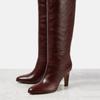 Botas rojas y marrones de estilo europeo y americano ~ nuevas botas de moda de tacón alto grueso con mangas con costuras redondas, botas de mujer de talla grande
