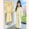 Conjunto de Roupa para Meninas Primavera e Outono 2026 Nova Moda Individual Cor Sólida Jaqueta com Capuz Calça de Pernas Largas Casual Esportivo Conjunto de Duas Peças