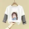 Novas Camisetas de Manga Longa para Meninas Primavera e Outono, Camisetas Infantis Cartoon Estilo Coreano 100% Algodão, Camisetas Básicas Patchwork Estilosas para Bebês