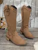 Botas vaqueras occidentales retro para mujer con punta afilada, tacón grueso y tachuelas, estilo nuevo de talla grande transfronterizo, botas largas hasta la rodilla con tacón medio para mujer
