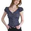Top de Moda Nuevo Estilo Francés a Cuadros Bloques de Color Manga Abullonada Fruncida Cuello en V Sexy Camiseta Adelgazante