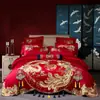 Algodão 140s conjunto de quatro peças bordado para quarto de noiva roupa de cama de casamento colcha de casamento vermelha conjunto de 60 peças para casamento